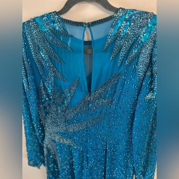 AJ Bari Petites Beaded Teal Evening Dress Long Sleeve Size 6P - Picture 9 of 10